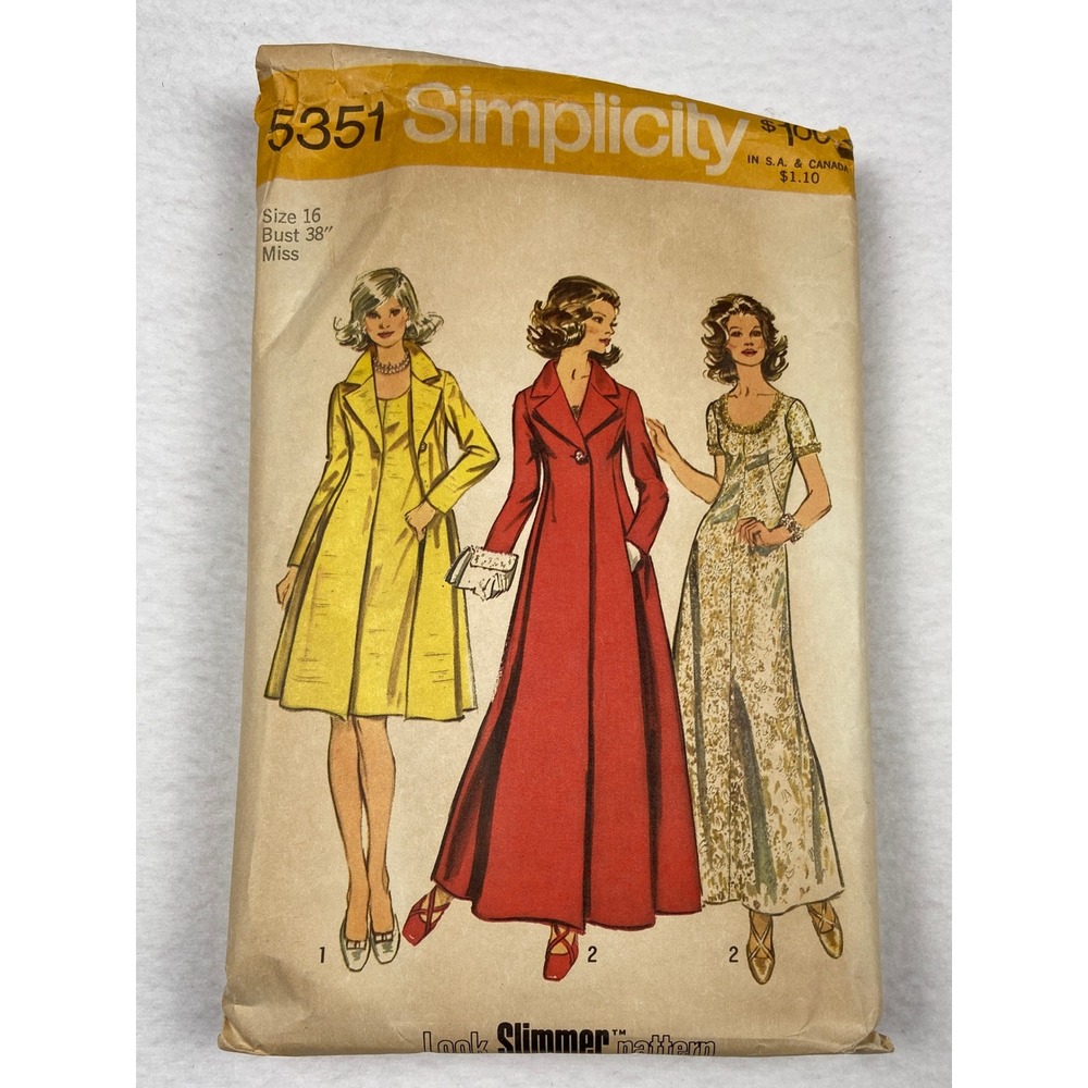 Vintage 1970s Simplicity 5351 Sewing Pattern Dress and Coat Size 16 Bust 38